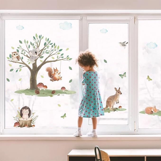 HLNIUC Jungle Animals Tree Double Sided Wall Decal(35”x24”)Safari Kangaroo Owl Squirrel Wall Sticker,Forest Koala Fox Bird Window Cling,Cartoon Woodland Hedgehog Room Stickers for Kids Bedroom,Nursery