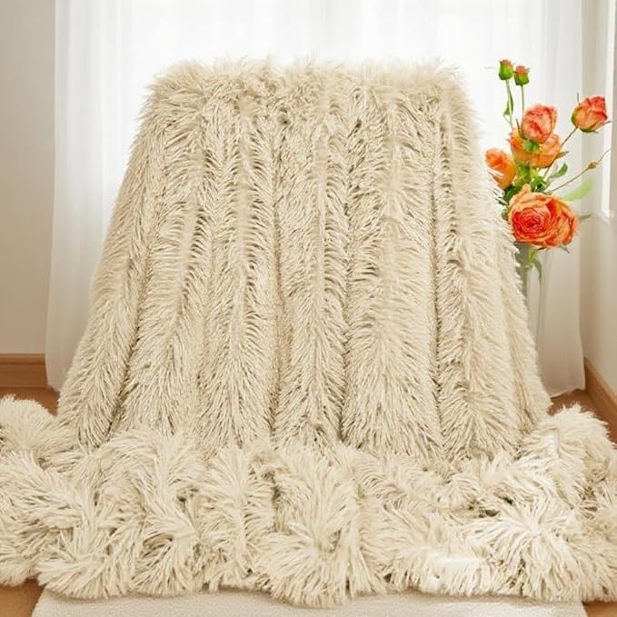 Luxurious Shaggy Throw Blanket, Faux Fur Furry Fuzzy Blanket, Long Pile Plush, Soft Fluffy Texture for Couch, Bed, Living Room Decor(63x79 Inches,Khaki)