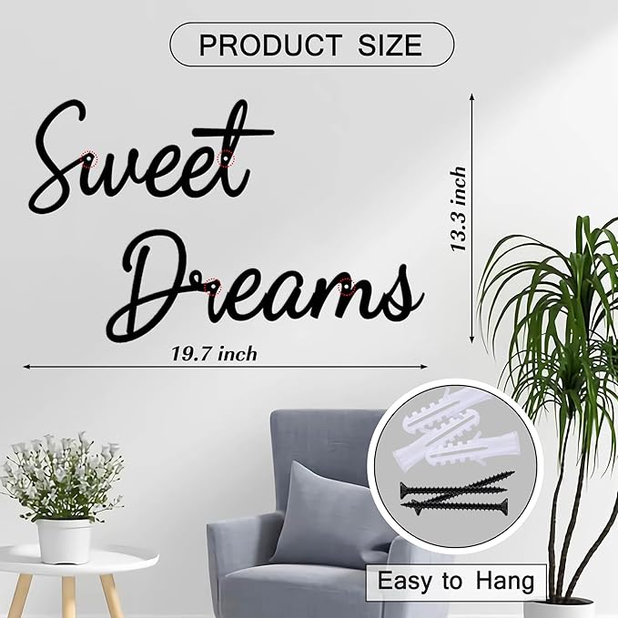 Sweet Dreams Wall Decor Above Bed Rustic Cute Metal Wall Art Sign for Family Bedroom Decor - Black
