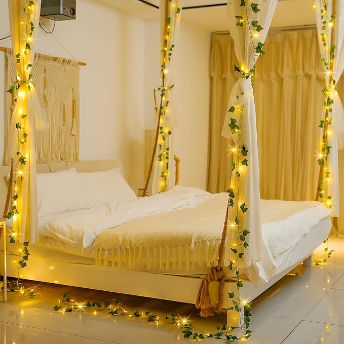 JMEXSUSS 100 LED Vines with Lights Plug in, Ivy Vines with Fairy Lights with Remote, 33 FT Leaf String Lights Waterproof for Room Bedroom Wall Fireplace Wedding Decoration（Warm White）