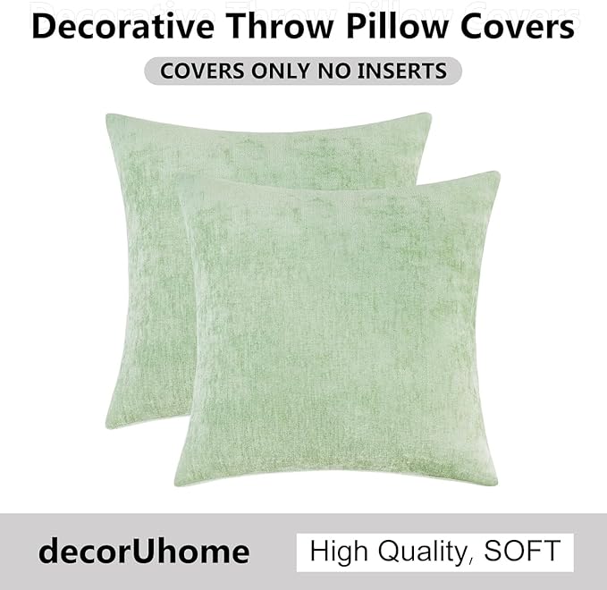 decorUhome Chenille Sage Green Summer Throw Pillow Covers 18x18 Inch Set of 2, Decorative Soft Couch Pillow Covers Solid Dyed Accent Farmhouse Neutral Square Pillow Cases for Sofa