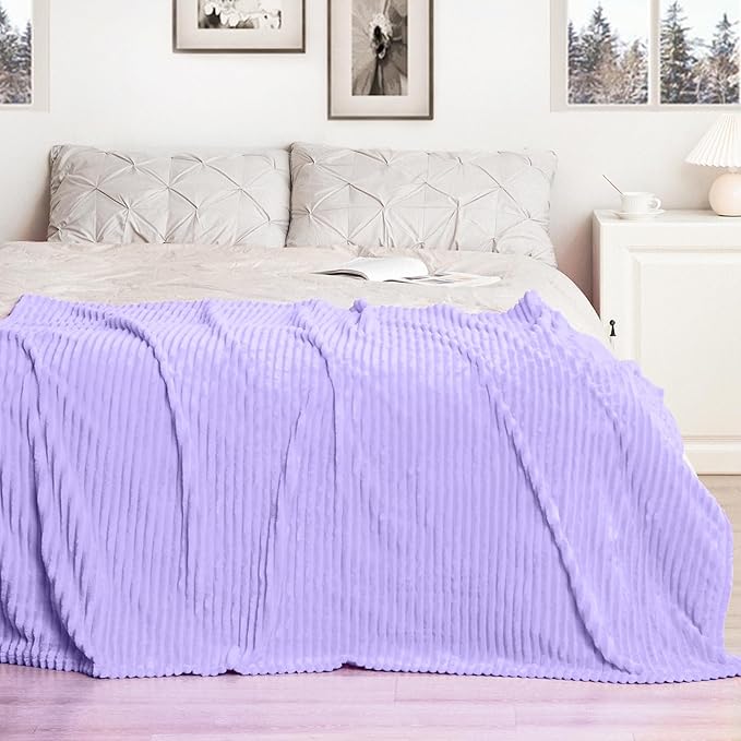 Vessia Flannel Fleece Striped Bed Blanket Twin Size(60x80inch,Lavender), 300GSM Microfiber Light Purple Comfy Home Decor, Soft Warm Cozy Lightweight Ribbed Lilac Blanket for All-Season
