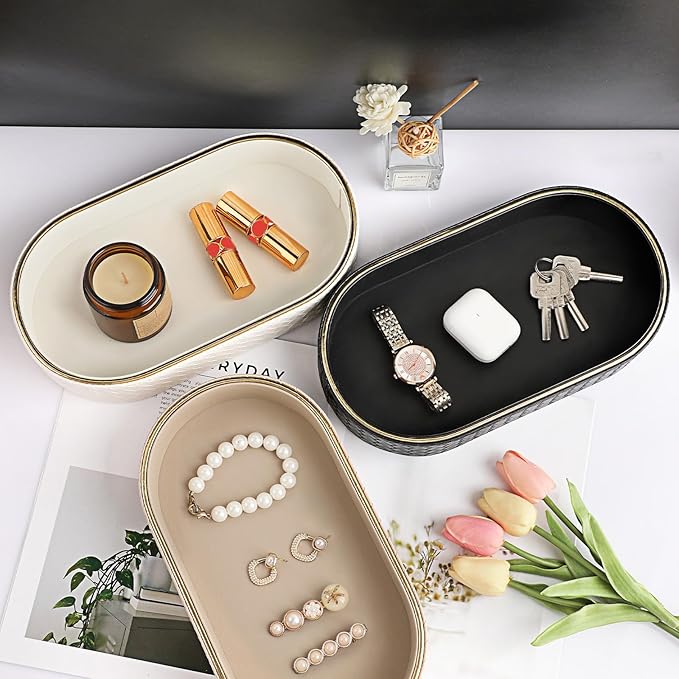 Hipiwe Perfume Trays PU Leather Vanity Tray for Dresser Bathroom Valet Trays Oval Desk Tray Jewelry Dish Holder Decorative Catchall Trays Nightstand Organizer, Beige