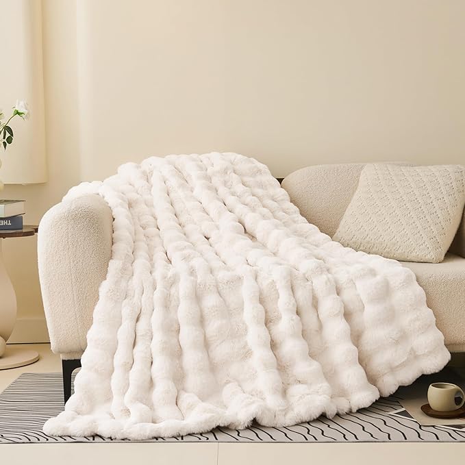 Comelady Faux Rabbit Fur Throw Blanket for Couch,Soft Fluffy Thick Bubble Blanket for Bed Sofa Room Decor-Lightweight Cozy Fuzzy Blanket Gifts for Women Men,Cream White,50"×60"