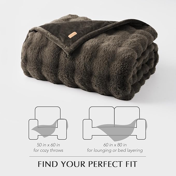EverGrace Ultra Soft Luxury Fluffy Faux Rabbit Fur Throw Blanket, Thick Warm Bubble Throw for Bed, Cozy Plush Reversible Blankets for Couch, Chair, Sofa, Dark Taupe, 50x60 Inches
