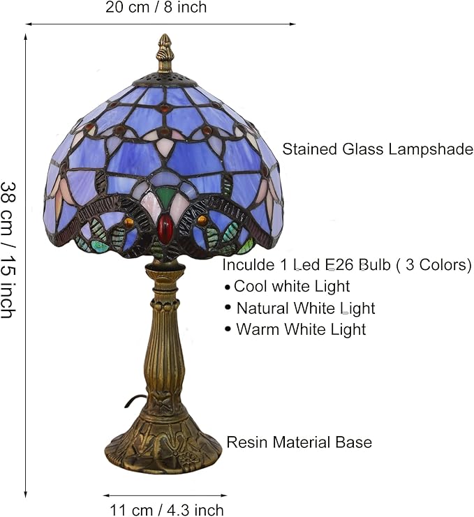 Tiffany Style Table Lamp, Blue Baroque Style Stained Glass Lamp, 8 Inch Small Antique Lamp, for Bedside Nightstand Bedroom Living Room Home Office, Include LED Bulb