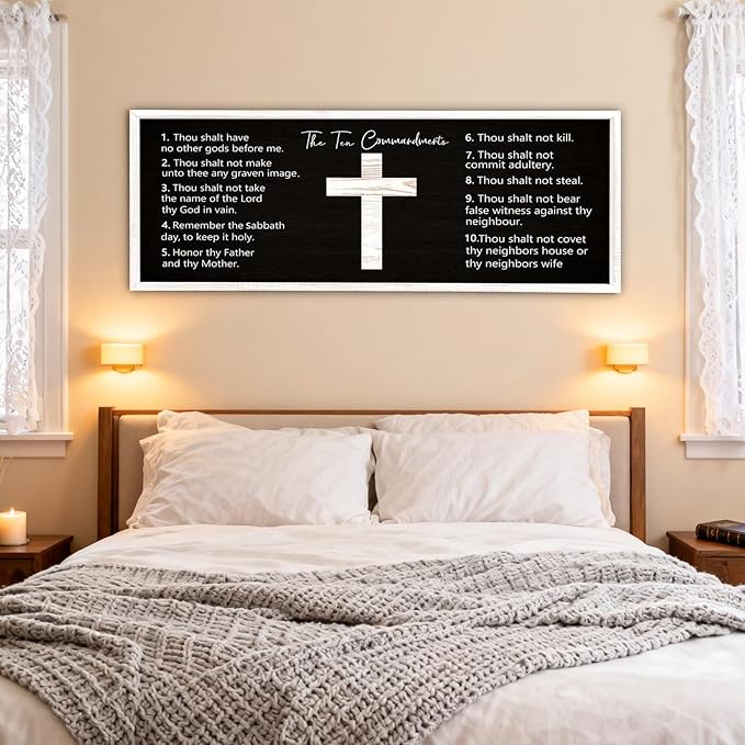 Ten Commandments Rustic Bible Verse Framed Wall Decor, 40" x 15", Religious Christian Slogan Representing a Prayer to God Jesus Christ, Vintage Horizontal Holy Inspirational Catholic Scripture Decor