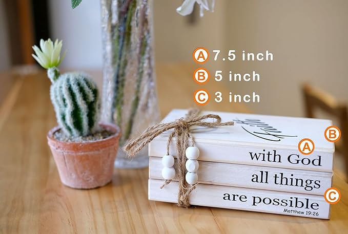 LIVDUCOT Farmhouse Wooden Decor Book Stack | Rustic Faux Book Stacks | With God All Things Are Possible Sign
