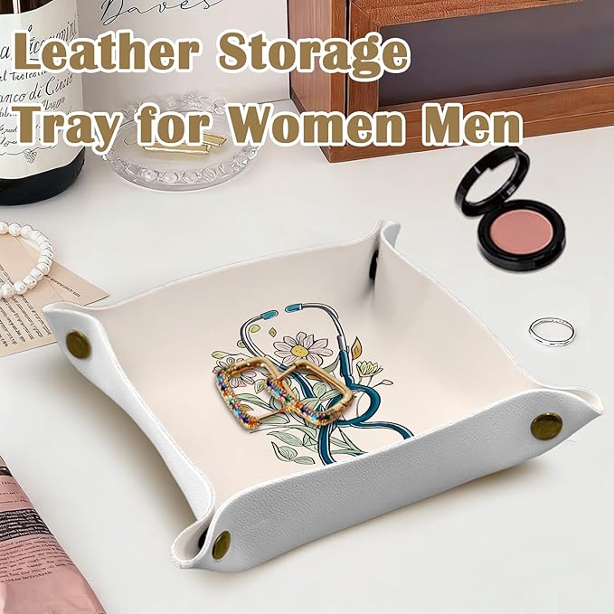 Nurse Gifts for Women,Graduation Gifts for Her, Nursing Student or Practitioner, for Nurse Week or Day,Valet Tray PU Leather Catchall Tray,Jewelry, Keys,and Accessories Organizer 7.87x7.87