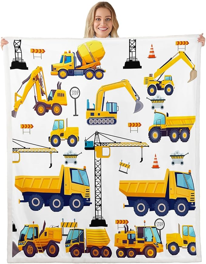 Erosebridal Construction Fleece Throw Blanket for Kids Boys Excavator Truck Blanket Throw Queen 90"X90" Cartoon Car Toddler Bed Blanket Soft Warm,Tractor Vehicle Sherpa Flannel Blanket Yellow Blue