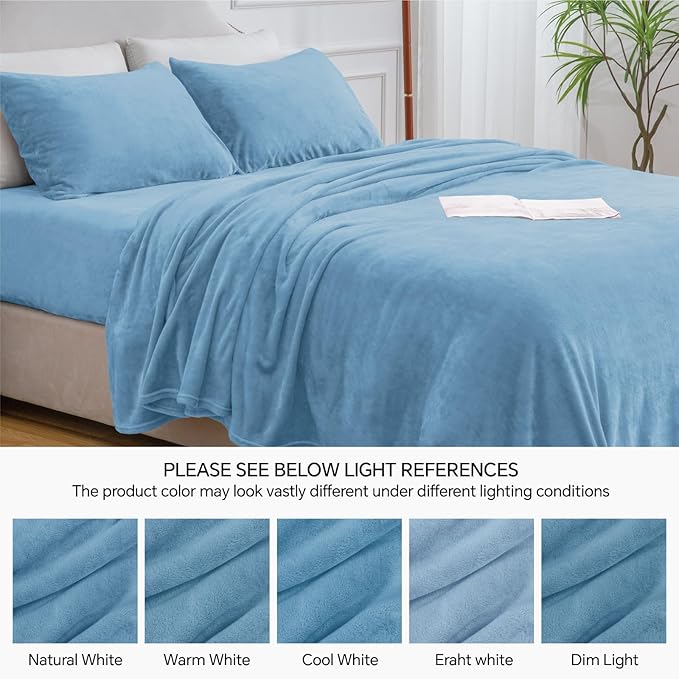 BEDELITE Flannel Sheets Full Size Forever Blue - Super Soft Fleece Sheets Set Fluffy Extra Plush, 4 Piece(Include Fitted Sheet, Flat Sheet, 2 Pillowcases)
