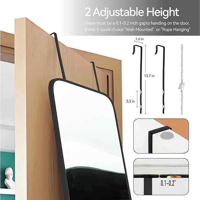 57x20 Door Hanging Full Length Mirror, Floor Stand (Height 5.7ft just Body in1.3ft) Wall Mounted Metal Frame Rectangle Dressing Mirrors for Bedroom Living Room 57 inch Black