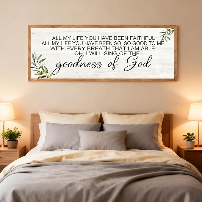 Goodness of God Christian Wall Decor: 40x15 Inch Large Framed Christian Inspirational Wall Art, Religious Scripture Quote Wooden Sign, Black Frame Christian Home Decor for Living Room Bedroom, Natural