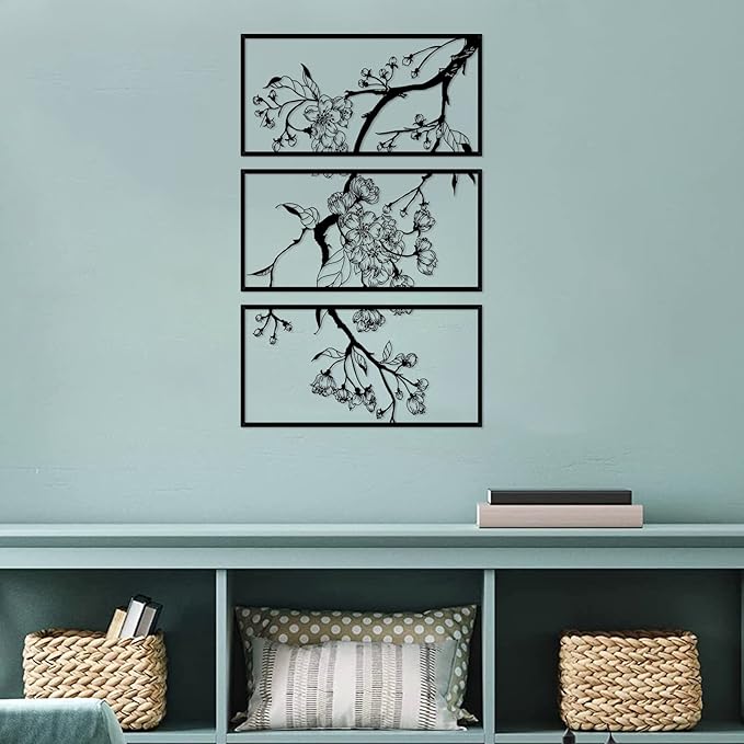 ruelen 3 Pieces Metal Flowers Wall Decor, Modern Abstract Minimalist Floral Line Sculpture Decor Hanging Wall Art for Kitchen Bedroom Living Room Above Bed Bathroom Office (Black)