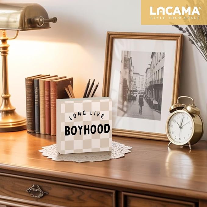 Lacama Boys Room Decor Wooden Box Sign, Long Live Boyhood Decorations Wood Block Signs, Retro Neutral Checkered Wood Sign for Toddler Boys Nursery Room Bedroom Desk Shelf Wall Decor 5x5 In