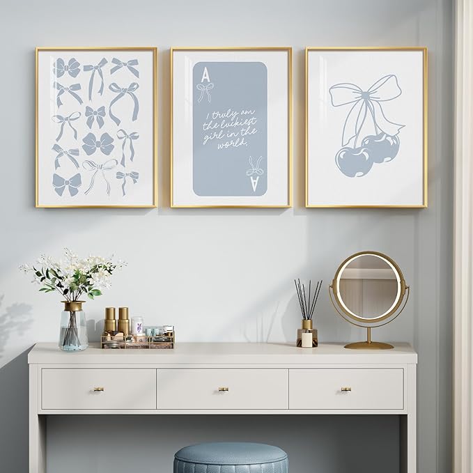 Framed Preppy Blue Wall Art for Room Decor, 3 Piece Bow Cherry Girly Artwork for Walls, Cute Aesthetic Blue Canvas Prints for Girls Bedroom Living Room Girly Room Apartment Wall Decor, 12x16 Inch