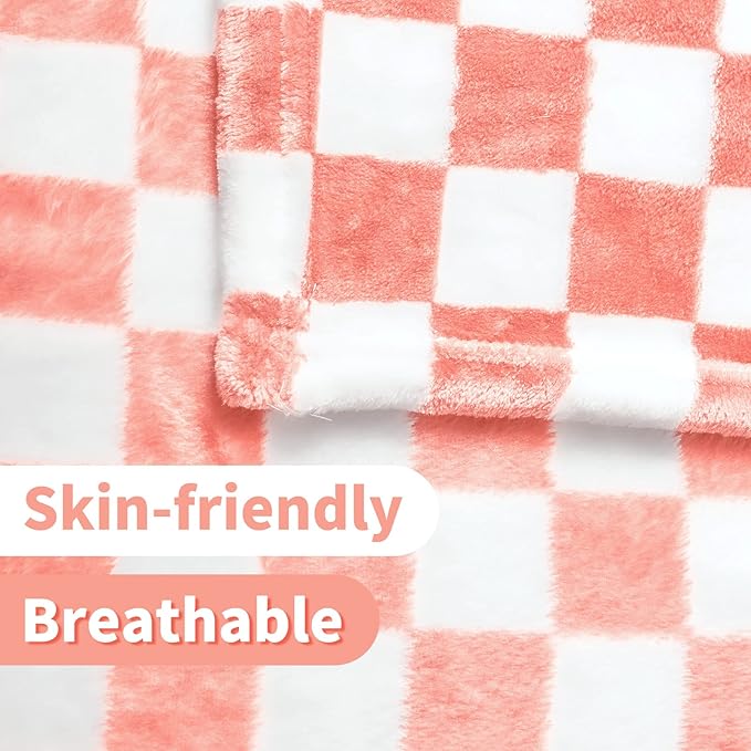 FY FIBER HOUSE Checkered Flannel Fleece Throw Blanket Soft Cozy Checkerboard Grid Print Chessboard Gingham Pattern Blankets for Bed Couch Sofa, 60"x80", Pink