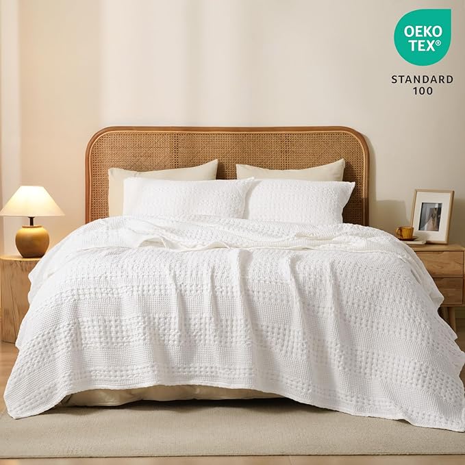 PHF 100% Cotton Waffle Weave Blanket King Size for Bed, Soft Lightweight & Breathable for Spring and Summer, All-Season Comfort, Luxury Aesthetic Blanket for Home Decor, 108"x90", White
