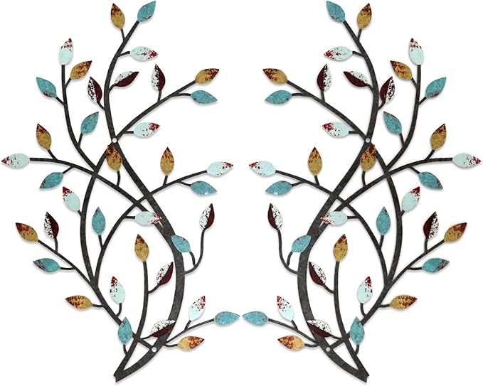 Meltset Metal Tree Leaf Wall Decor, Vine Olive Leaf Branch Wall Art, Wrought Iron Scroll Artwork, Decorative Wall Sculptures Above The Bed, Living Room, Hallway, Indoor and Outdoor（S/Farmhouse）