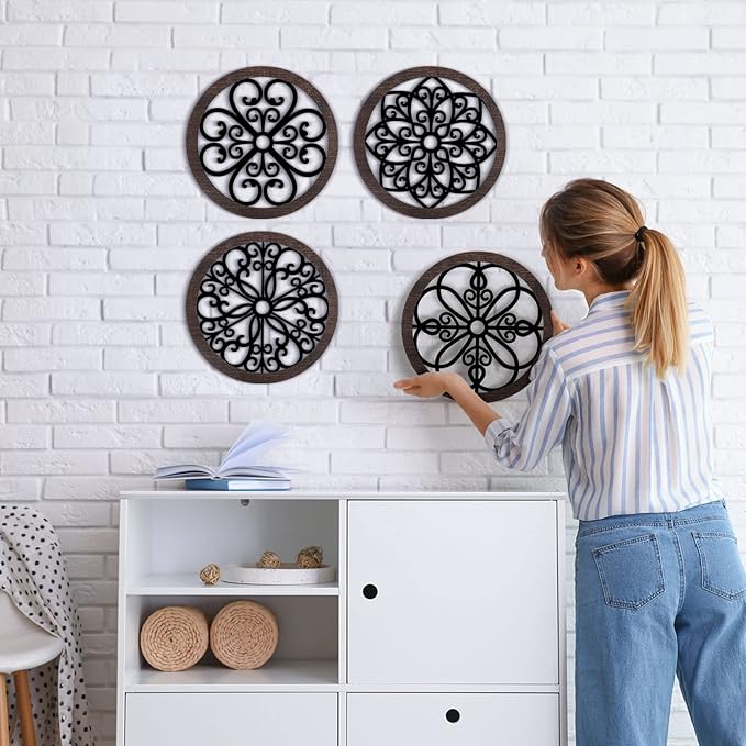Yulejo 4 Pcs Thicken Rustic Wall Decor Farmhouse Kitchen Wall Round Art Wooden Hollow Carved Design Rustic Art for Living Room Bedroom Hallway Decor (9.8 x 9.8 Inch,Black, Brown)