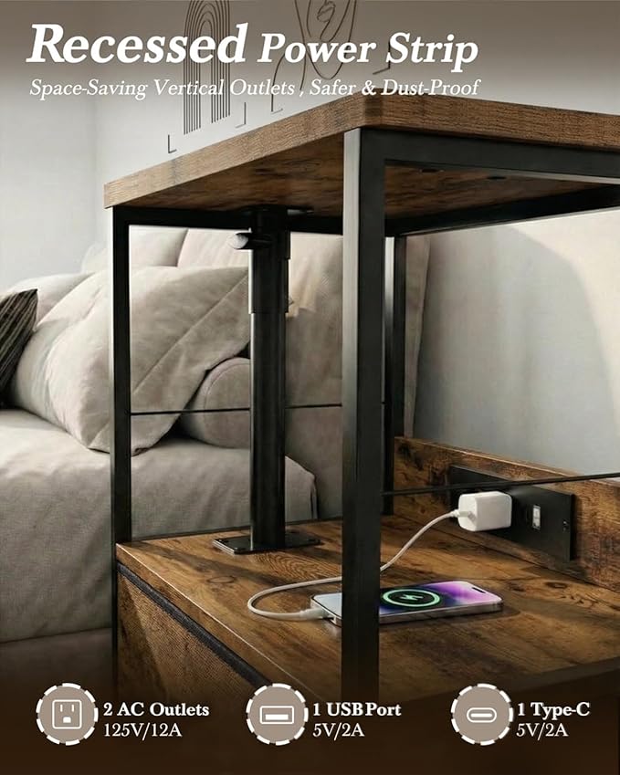 Swivel Lift Top Nightstand with Charging Station, Vacuum Forming Adjustable Bedside Table, Rolling Night Stand with Wheels, Small End Table with Fabric Drawer, for Bedroom, Living Room, Rustic