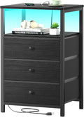 BOLUO Black Night Stand with 3 Fabric Drawers, Nightstand with Charging Station LED Nightstand for Bedroom, Bedside Table with USB Ports and Outlets Modern