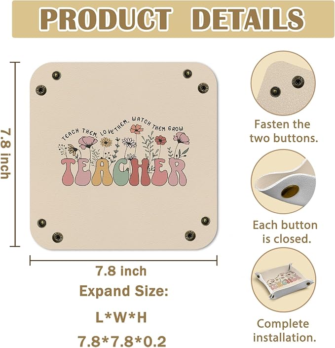 Teacher Appreciation Gifts Jewelry Valet Tray for Women, Gifts for Teacher PU Leather Catchall Beside Caddy Nightstand Organizer Tray for Jewelry Rings Watches and Accessories,7.87x7.87