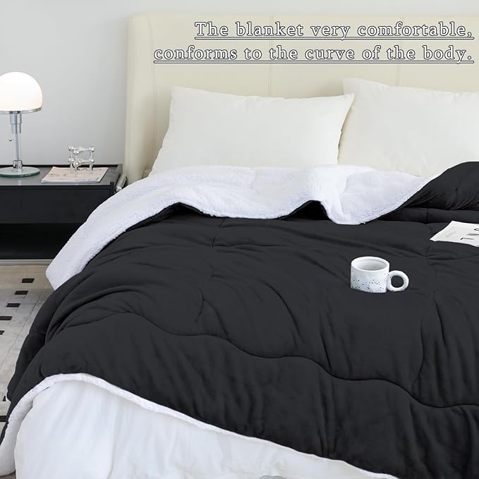 CHOSHOME Sherpa Fleece Blanket- Thick Warm Blanket for Winter, Soft Fuzzy Plush Blanket for Bed, Couch, Travel (Black, King 90" x 108")