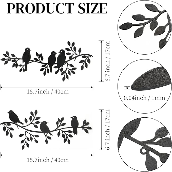 LOMOHOO Metal Birds Wall Decor Art Leaves 6 Birds on Vine Olive Branch Iron Sculptures Silhouette Metal Hanging Ornament Bedroom Living Room Indoor Outdoor Decoration