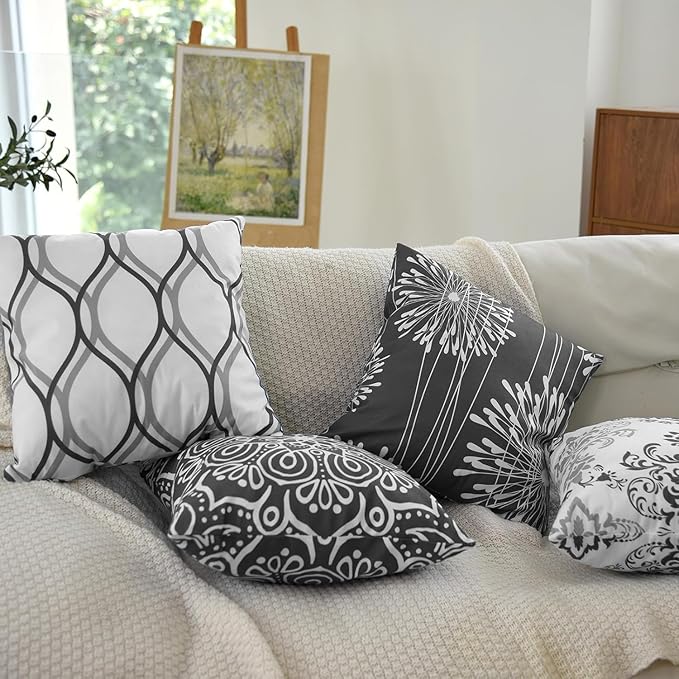 Coliuso Decorative Throw Pillow Covers 16x16 Set of 4, Dark Grey and White Modern Simple Square Pillow Case Cushion Cover for Sofa Couch Farmhouse Outdoor Living Room