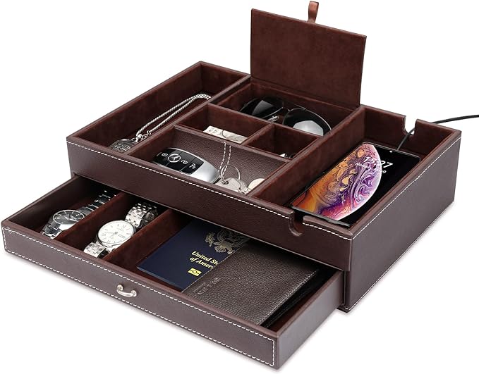 Baoyun Valet Tray for Men, 2 Layers Nightstand Organizers for Men and Women, Leather Jewelry Storage Box, Mens Dresser Top Organizer, Catch All for Jewelry Key Wallet and Phone (Brown)