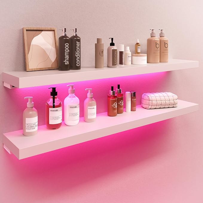 BAMEOS RGB LED Floating Shelves for Wall, 35" Wall Mounted Wooden Shelves with Invisible Brackets, Set of 2, Hanging Wall Shelves for Bedroom, Living Room, Kitchen, Study (White)