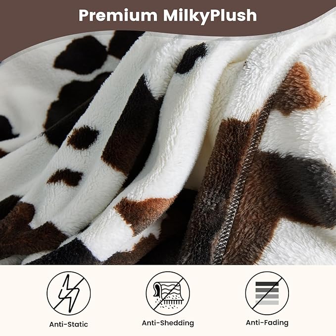 Cozy Bliss Cow Print Throw Blanket for Bed - Fuzzy Thick Soft Warm Fleece Blankets for Couch & Bed, for Women Men Girls Kids, Dark Brown Large King Size 120"*100"