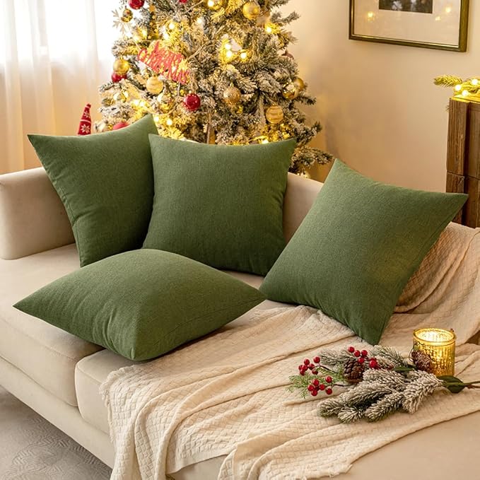 MIULEE Pack of 2 Decorative Outdoor Solid Waterproof Throw Pillow Covers Faux Linen Garden Farmhouse Cushion Cases for Patio Tent Balcony Couch Sofa 16x16 Inch Dark Green