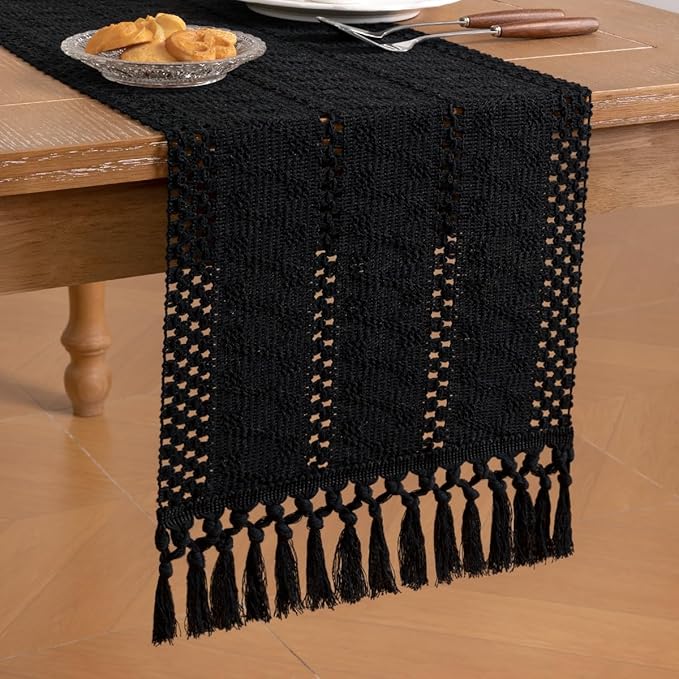 Socomi Boho Table Runner Easter Spring Farmhouse Rustic Dining Kitchen Centerpiece Decor Small Macrame Woven Cotton Linen Coffee Table Runner for Dresser Scarf Home Decor 12x48 inch Black