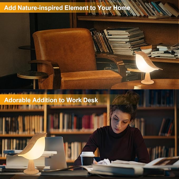 2 Cute Bird Table Lamps Combo,Rechargeable Cordless Lamp with 3 Color Temperature and Adjustable Brightness,Small Desk Lights for Bedroom Nightstand Bedside Table - Wood Tone