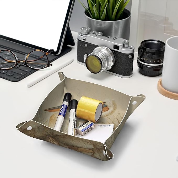 Two Pelicans Minimalism Valet Tray Leather Desktop Storage Organizer Bedside For Jewelry Keys Coin Candy