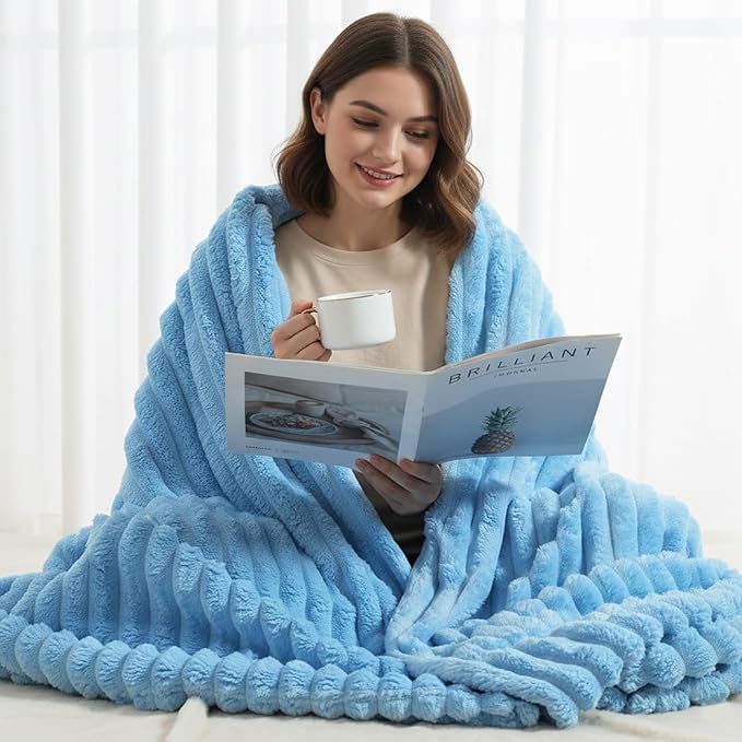 decorUhome Soft Fleece Blue Twin Blanket for Bed, Cozy Fluffy Plush Flannel Striped Throws for Couch Sofa, Lightweight Decorative Ribbed Fuzzy Blanket for Woman, 60x80 Inches