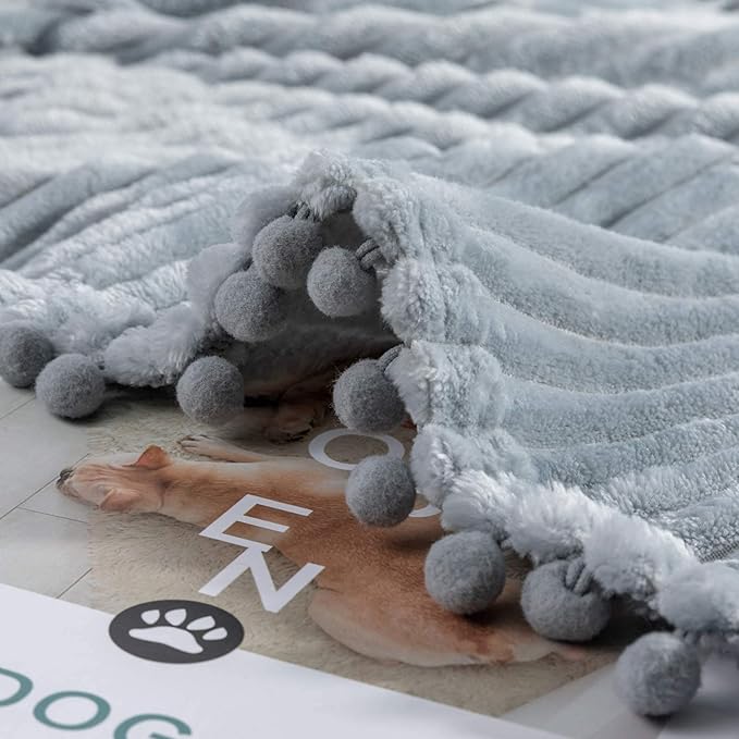 DISSA Fleece Blanket Throw Size – 51x63, Grey – Soft, Plush, Fluffy, Fuzzy, Warm, Cozy – Perfect Throw for Couch, Bed, Sofa - with Pompom Fringe - Flannel Blanket Throw Blanket