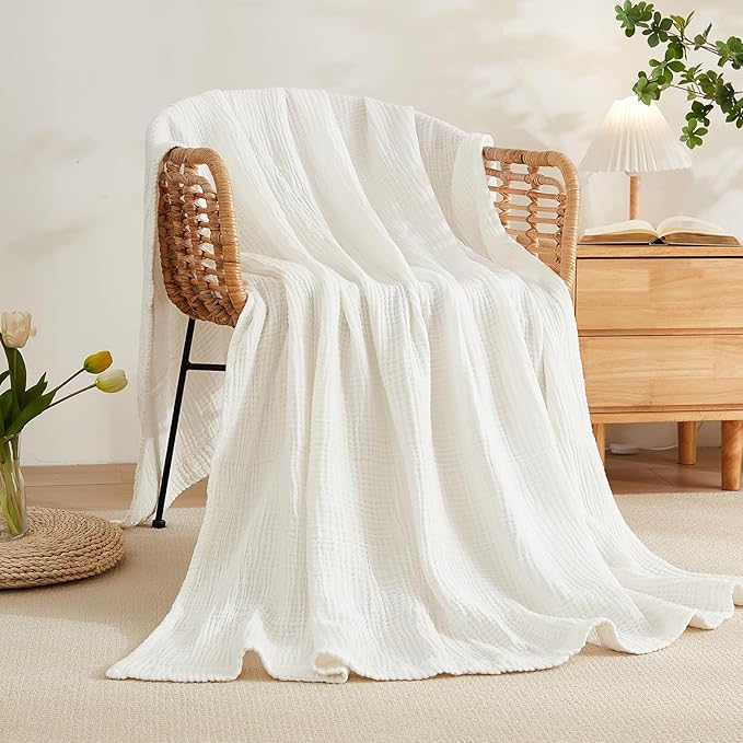 EMME Cotton Muslin Queen Blanket Bed Layering Bedspread Coverlet Breathable Gauze Soft Lightweight Adults (White,90"x90")