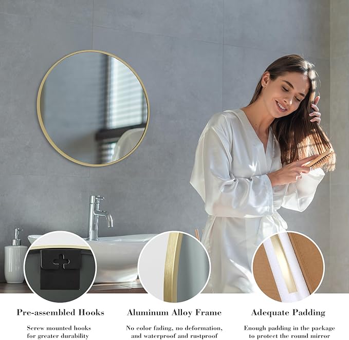 Sweetcrispy 20-inch Gold Round Wall Mirror, Circle Bathroom Mirrors with Metal Frame, Wall-Mounted Mirrors for Living Room, Bathroom, Entryway