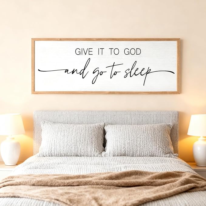 Give It to God and Go to Sleep Decorative Rustic Sign & Plaque Framed Wall Art for Couples, 40''×15'' Vintage Cottagecore Wooden Horizontal Wall Decor Above Bed, Farmhouse Wedding Gift for Bedroom