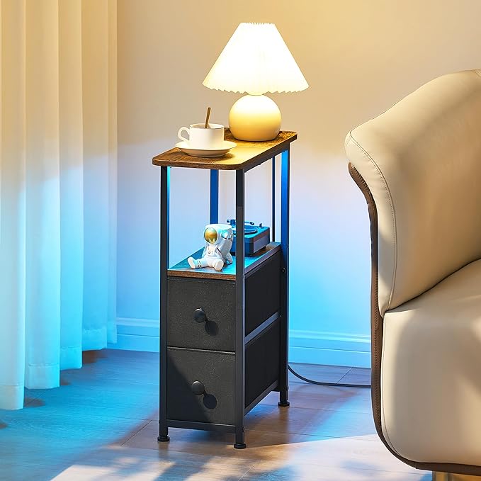Narrow End Table with Charging Station, Narrow Side Table with Drawer, Small Nightstand with LED Light, Skinny Nightstand, Small Bedside Table for Living Room, Bedroom, Couch, Rustic Brown