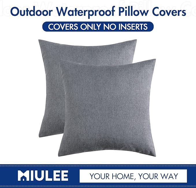 MIULEE Pack of 2 Decorative Outdoor Solid Waterproof Throw Pillow Covers Euro Sham Faux Linen Garden Farmhouse Cushion Cases for Patio Tent Balcony Couch Sofa 26x26 Inch Dark Grey