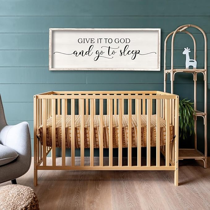 Give It To God And Go To Sleep Sign Wall Decor 32"X12" Master Bedroom Above Bed Large Farmhouse Wall Decor Wood Rustic Framed Over Bed Wall Art Hanging Decoration (White)