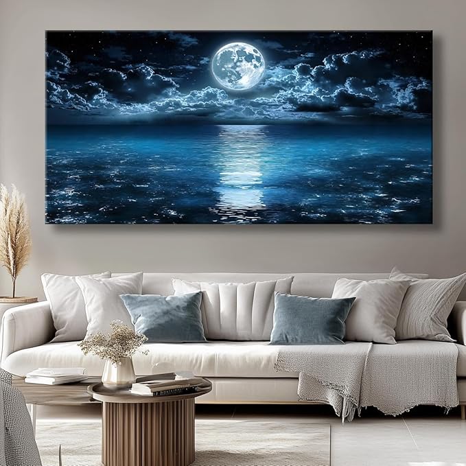 Big Moon Canvas Wall Art - Modern Seascape Paintings for Living Room, Bedroom Wall Decor, Framed Wall Art for Home or Office Decoration, Large Wall Art 48x24in