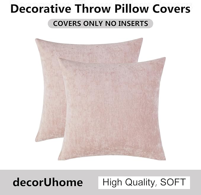 decorUhome Chenille Blush Pink Summer Throw Pillow Covers 26x26 Inch Set of 2, Decorative Soft Couch Pillow Covers Solid Dyed Accent Farmhouse Neutral Square Pillow Cases for Sofa