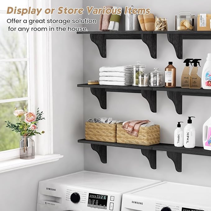 Forbena Wall Mounted Shelves for Bedroom 24 Inches Long, 8 Inch Deep Floating Shelves for Wall, Large Hanging Arched Shelf for Kids Bathroom Living Room Office Decor Plants Books (3-Pack, Black)