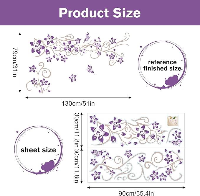 Supzone Flowers Vine Wall Decals - Purple Flowers Stickers With Butterflies, Removable Vinyl DIY Home Art for Bedroom, Living Room, Sofa Backdrop, TV Decoration
