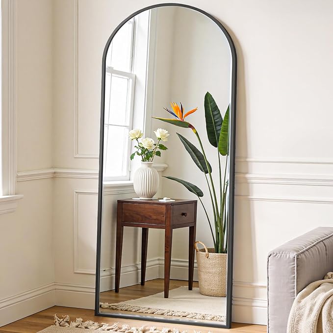 NEWBULIG Arched Full Length Mirror 64.2"x 21" for Bedroom, Full Body Mirror with Stand, Hanging or Leaning for Wall, Aluminum Alloy Thin Frame Floor Standing for Living Room, Long, Black